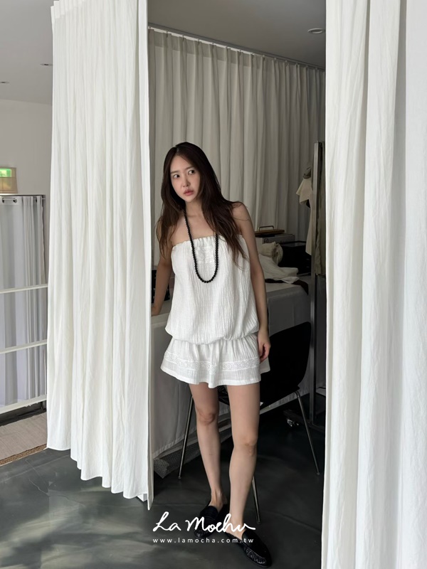 泡泡棉麻蕾絲平口洋裝